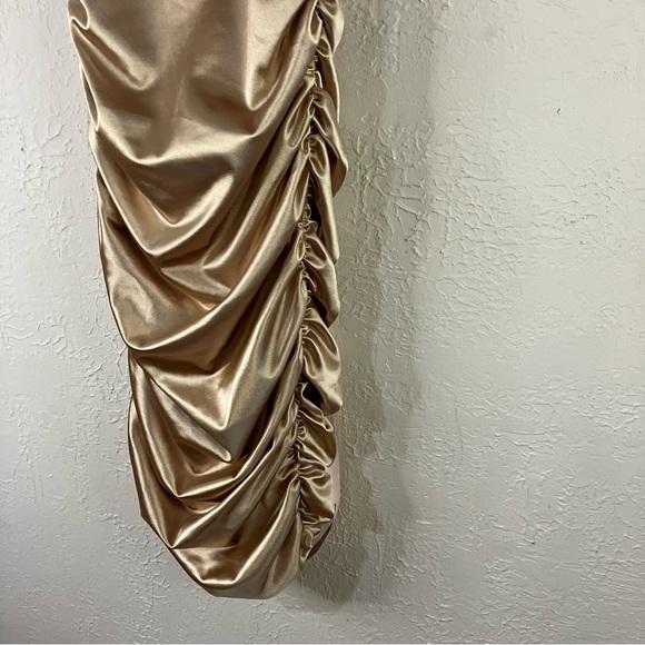 Oh Polly Embellish The Moment Ruched Satin Metallic Knee Length Dress in Gold - Picture 7 of 15